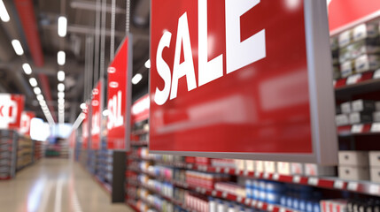 A row of large red sale signs hanging from the ceiling in a modern retail store, bold white lettering, bright store lighting, shelves filled with products in the background