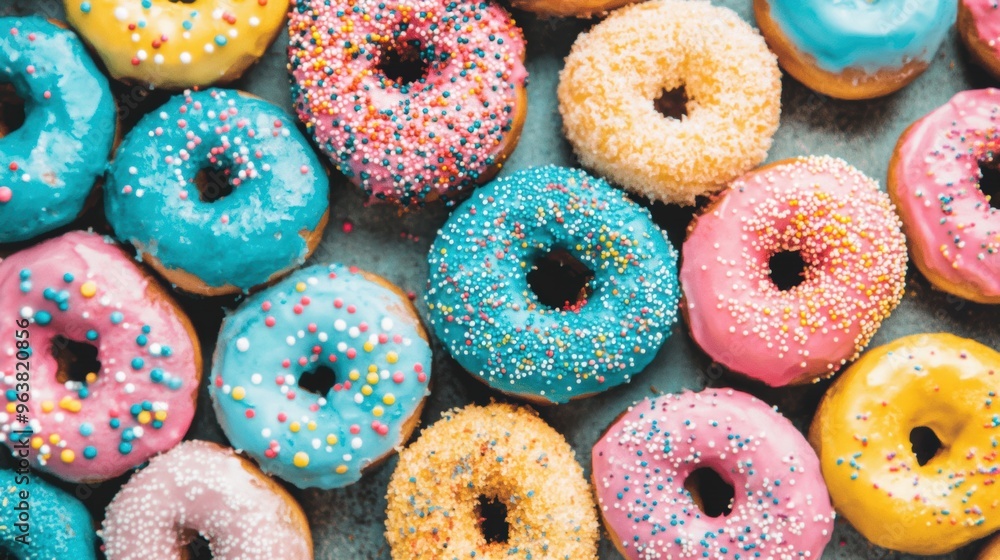 Poster deliciously enticing assorted donuts in various colors and sprinkles are artfully displayed on a tex