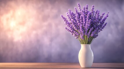 Purple Lavender Bouquet in White Vase on Wooden Table with Blurred Background