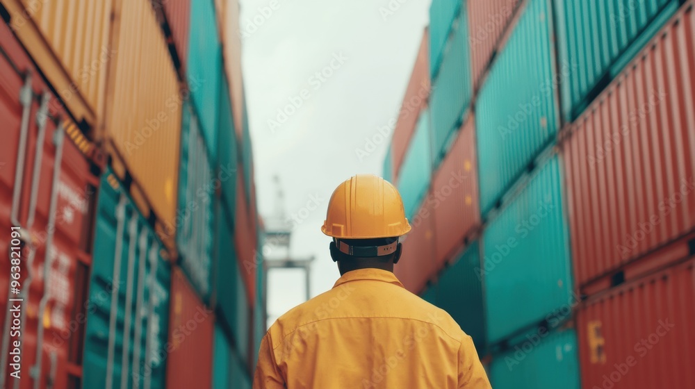 Poster a dock worker in a yellow uniform inspects shipping containers while standing between towering stack