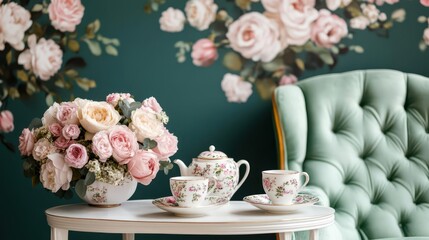 Gardenthemed tea party with floral arrangements and vintage furniture, romantic interior design, elegant and timeless