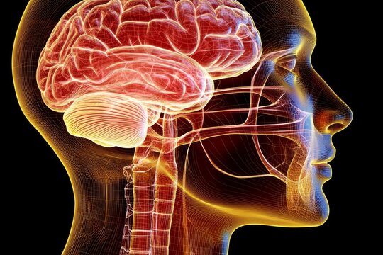 Dendritic spines blood brain barrier and neurochemistry anatomical illustration of a human brain and nervous system with glowing yellow neural pathways symbolizing mental clarity