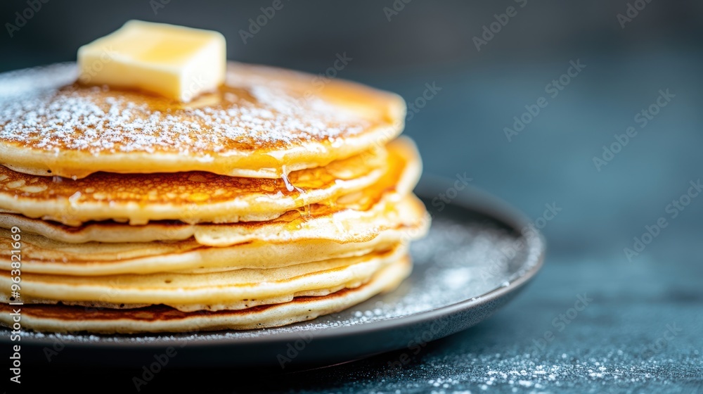 Poster stacked golden pancakes drizzled with maple syrup and topped with melting butter create a tempting b