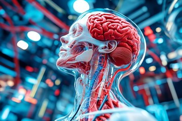 Neuroimaging techniques myelination and autonomic nervous system conceptual anatomical rendering of a human head with exposed muscles and nerves symbolizing the fusion of technology and biology