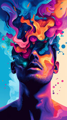Vibrant Abstract Portrait of Man with Colorful Paint Swirls 