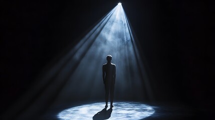 41. A person illuminated by a single spotlight, dramatic expression