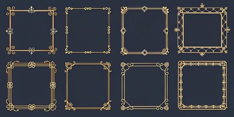 Naklejka premium Elegant Golden Ornate Frames Set, 8 Frames, Vector Illustration, Gold Frame, Ornamental Frame, Vintage Frame