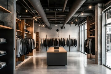 Obraz premium Industrialstyle clothing boutique with exposed pipes and concrete floors, edgy interior, urban and stylish