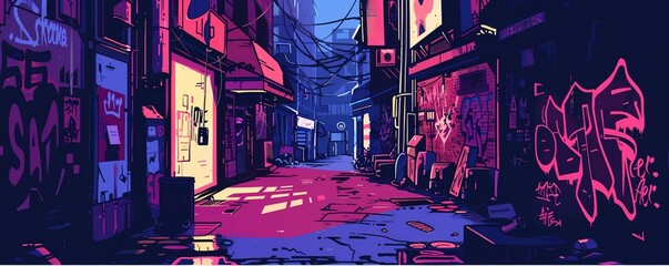 Urban alleyway, graffiti and art, flat design illustration