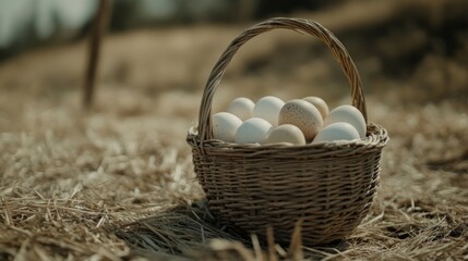 Natural eggs are carefully arranged in a wicker basket sitting on a bed of hay amidst a rustic outdoor environment