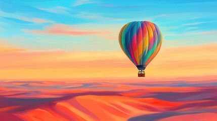 Fototapeta premium Hot air balloon journey over a desert, digital painting, bright colors, expansive and serene