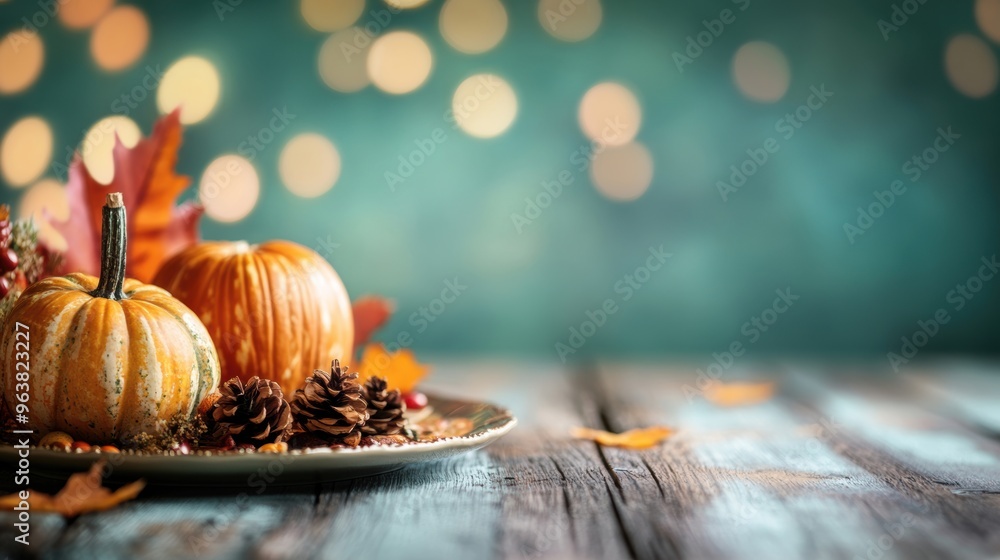 Sticker A festive Thanksgiving table setting features colorful autumn decor, including pumpkins and pinecones, creating a warm atmosphere for gathering