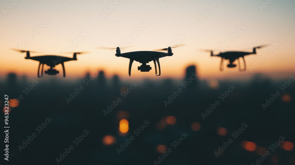 Poster three drones soar above a cityscape at dusk, blending with the twilight colors and illuminating the 