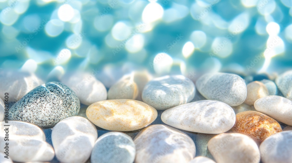 Poster smooth pebbles resting at the bottom of clear water, enhanced by reflections of sunlight creating a 