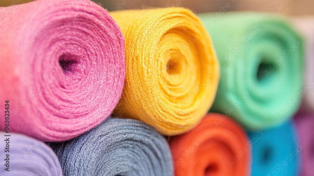 Poster A vibrant array of fabric rolls in assorted colors is neatly arranged in a textile store, inviting creativity and inspiration for crafts