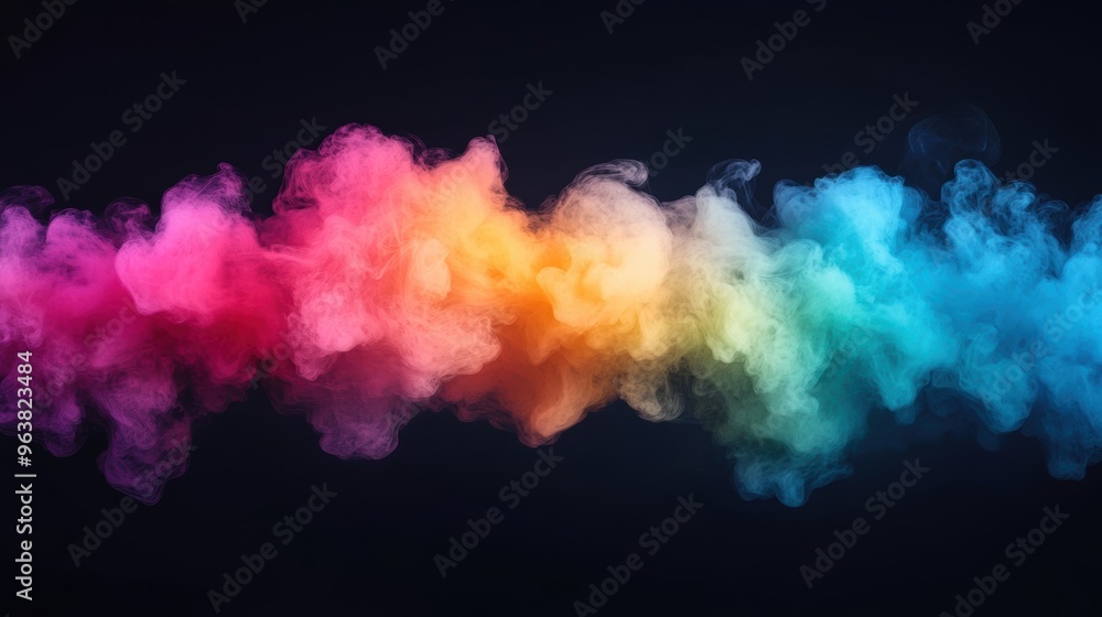 Poster colorful smoke dances and swirls in a mesmerizing array of rainbow hues on a dark backdrop, captivat