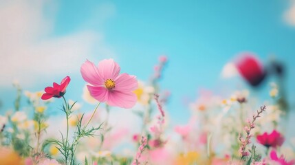 Obraz premium A stunning display of wildflowers fills the meadow, showcasing a variety of colors under a bright blue sky on a sunny day
