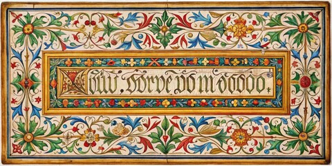 Illuminated Manuscript Border with Floral Motifs and Script, Watercolor and Ink, 15th Century, Medieval Art, Manuscript Illustration, Illuminated Letter
