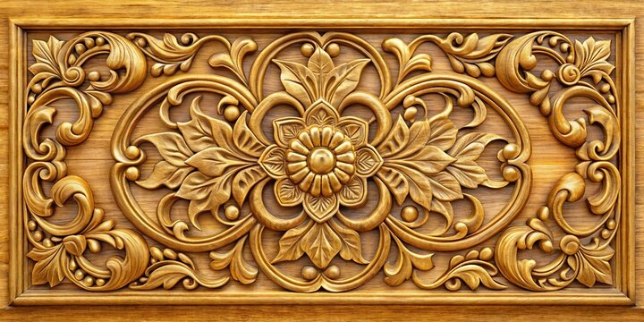 Intricate Golden Floral Carving on Wooden Panel, wood carving, wood art, ornate design