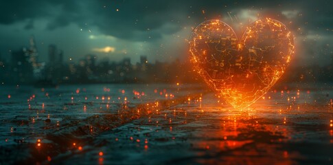 Unique heart-shaped backdrop meticulously crafted with bio-luminescent green and retro vintage orange hues, blending futuristic aesthetics with classic romantic motifs. Enchanting design concept