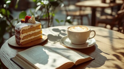 A caf table set with a cappuccino, a slice of cake, and an open book, bathed in soft, natural light.