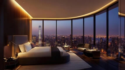 Luxurious bedroom with a breathtaking cityscape view through floor-to-ceiling windows, featuring modern decor and ambient lighting.