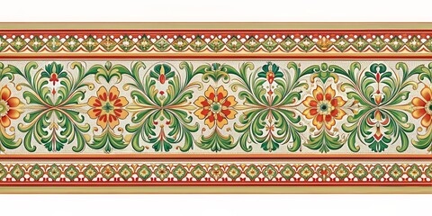 Ornate Floral Mosaic Border, Digital Illustration, Green and Red Colors, Italian Style, pattern, decoration, tile