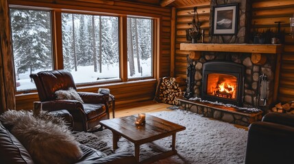 Cozy snow-covered cabin living room with a warm fireplace and inviting winter views. Rustic retreat concept