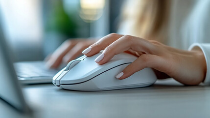 woman's hand using a sleek, white wireless mouse on a modern desk. The elegant design and smooth surface reflect productivity, minimalism, and technological ease in a professional setting