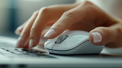 woman's hand using a sleek, white wireless mouse on a modern desk. The elegant design and smooth surface reflect productivity, minimalism, and technological ease in a professional setting