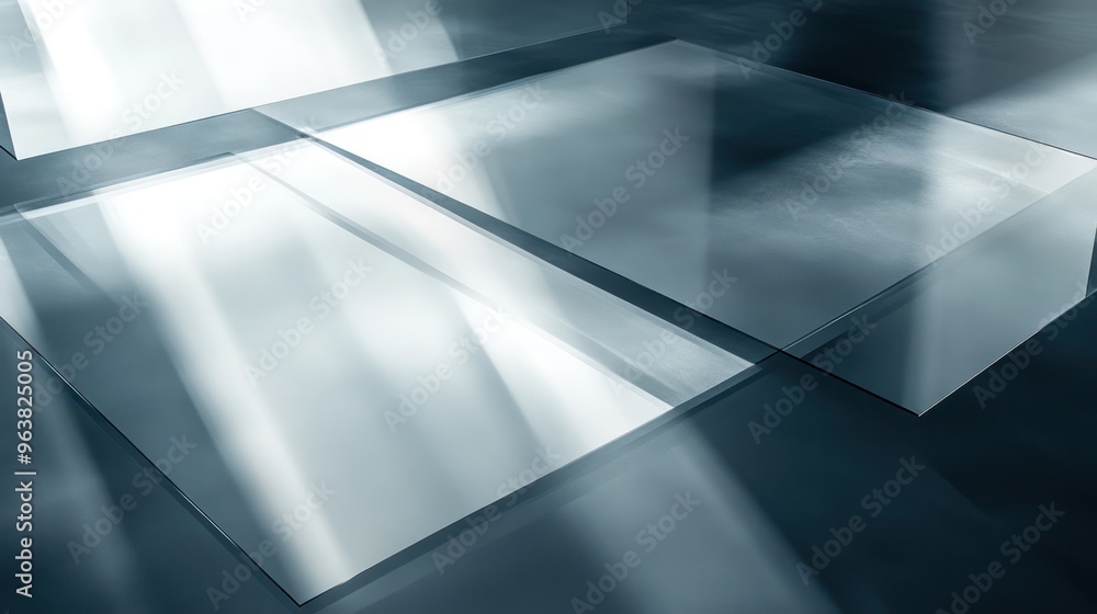 Aufkleber A series of clear plastic sheets are arranged in a square pattern on a dark surface. The sheets are reflecting light, creating a sense of depth and dimension. Scene is one of clarity and transparency