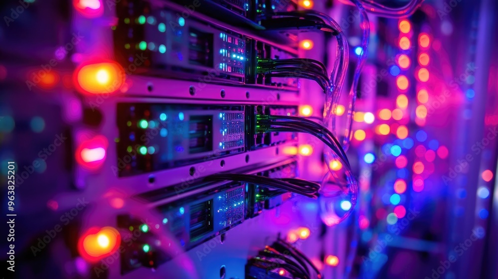 Poster a server room with blinking lights and data cables, representing the backbone of data storage and ma