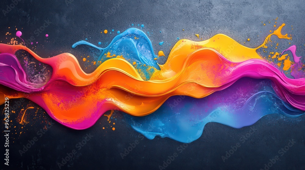 Poster a colorful painting of a rainbow with splatters of paint. the painting is abstract and has a vibrant