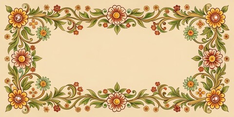 Fototapeta premium Vintage Floral Frame with Yellow, Red, and Green Flowers, Illustration, Digital Painting, Floral Art, Frame Design