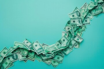 Paper dollar bills forming a flowing river, Artistic, Green and Blue, Digital, Representing cash flow