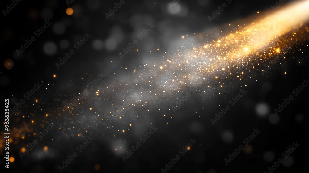 Poster A bright yellow streak of light is shooting through a dark sky. The light is surrounded by a cloud of glittering particles, creating a sense of movement and energy. The scene is dynamic