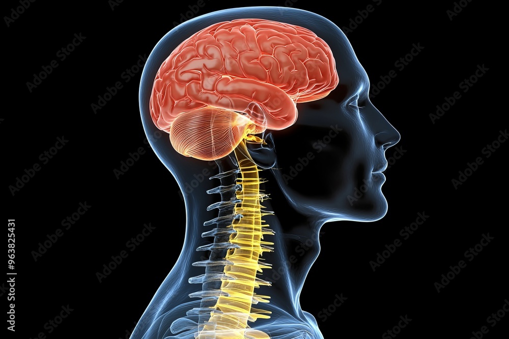 Aufkleber efferent neurons medulla oblongata and cerebral cortex 3d brain scan illustration highlighting neura