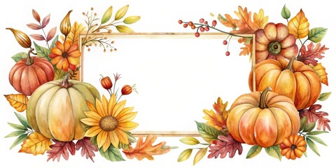 Naklejka premium Watercolor Autumn Frame with Pumpkins and Leaves, Fall, Harvest, Thanksgiving