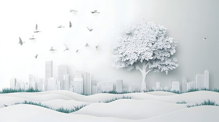 The person who knows. Tree, Achieve sustainable growth, World Environment Day. White eco urban city and nature landscape background paper art style.