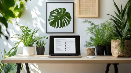 Modern Home Office Desk with Laptop  Plants  and Natural Decor
