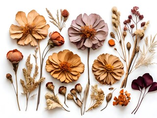 Fototapeta premium Dried Flowers Leaves Flat Lay Background 
