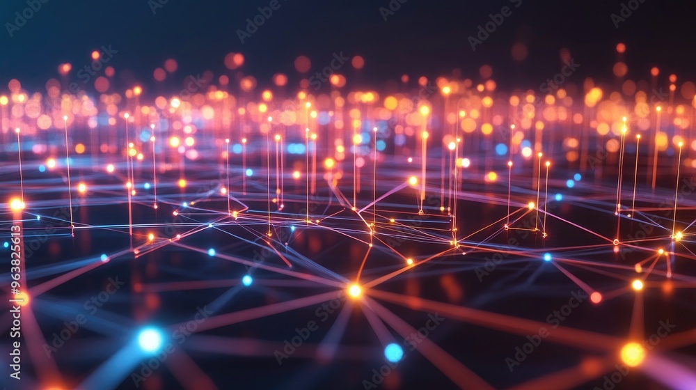 Poster an abstract depiction of data connections, with glowing lines and nodes forming a vast network.