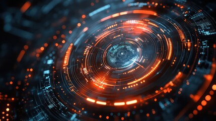 Fototapeta premium A colorful, glowing circle with a blue center. The circle is surrounded by a variety of bright colors, including red, orange, and blue. The image has a futuristic, technological feel to it