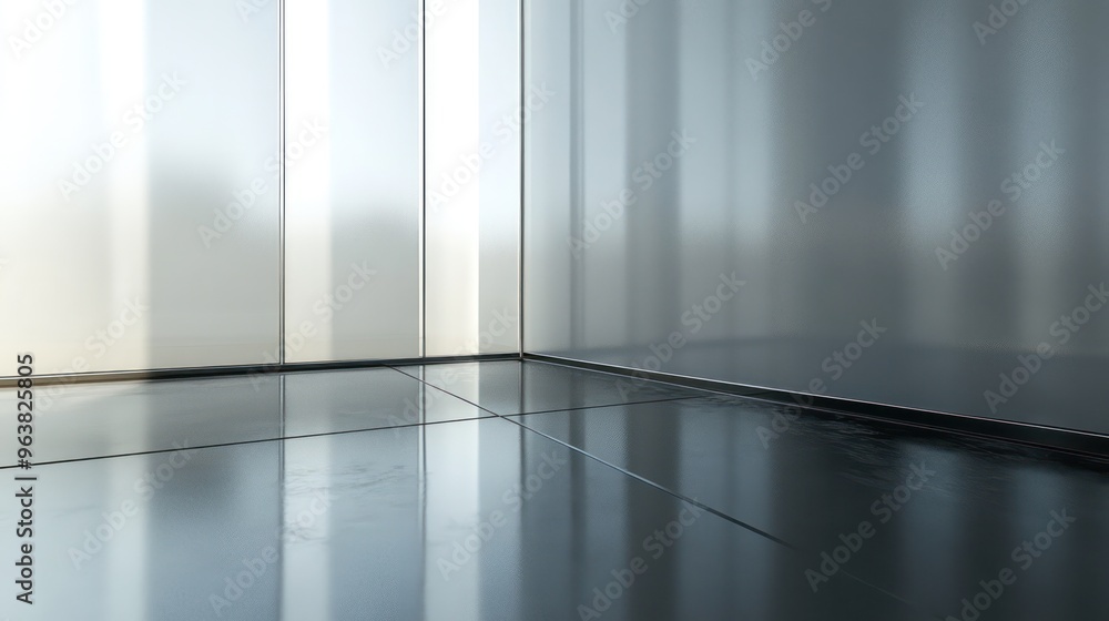 Poster a large, empty room with a shiny, reflective floor. the room is mostly white, with a few black objec