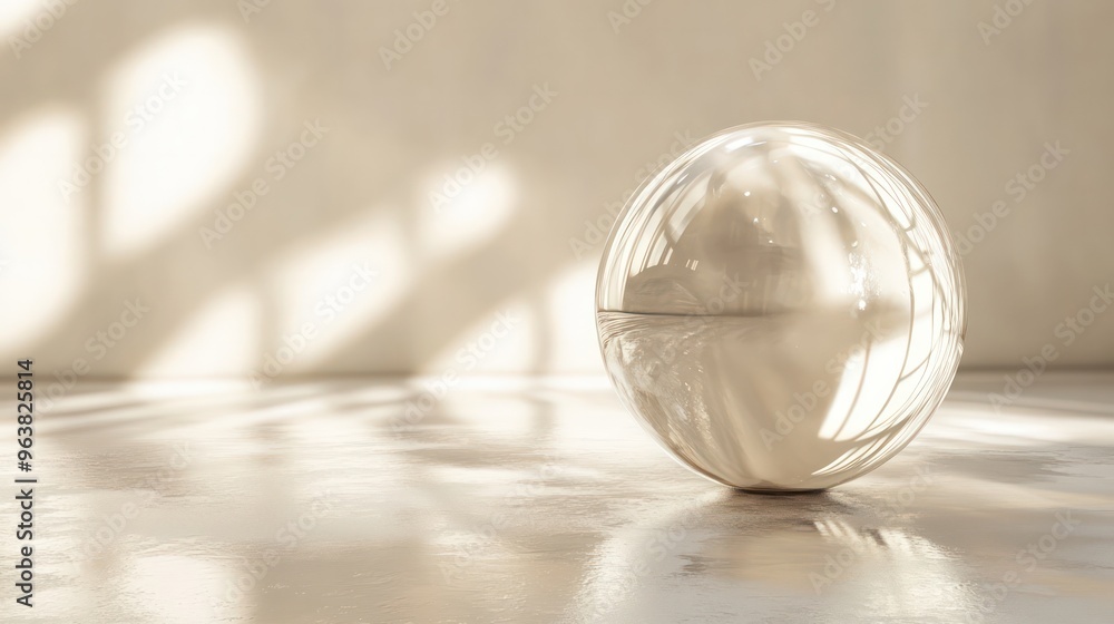 Poster A white ball is sitting on a floor in a room with a lot of light coming in. The ball is reflecting the light and creating a sense of depth and dimension. The scene is calm and peaceful