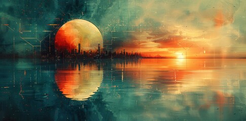 Explore the world of mathematics through an artistic lens, with a canvas adorned by symbolic representations of mathematical principles against a vibrant backdrop of turquoise and indigo.