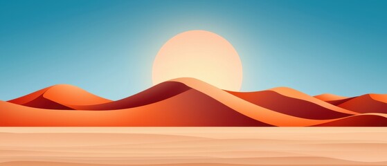 Stunning Desert Landscape with Rolling Sand Dunes and Bright Sun Under Clear Blue Sky