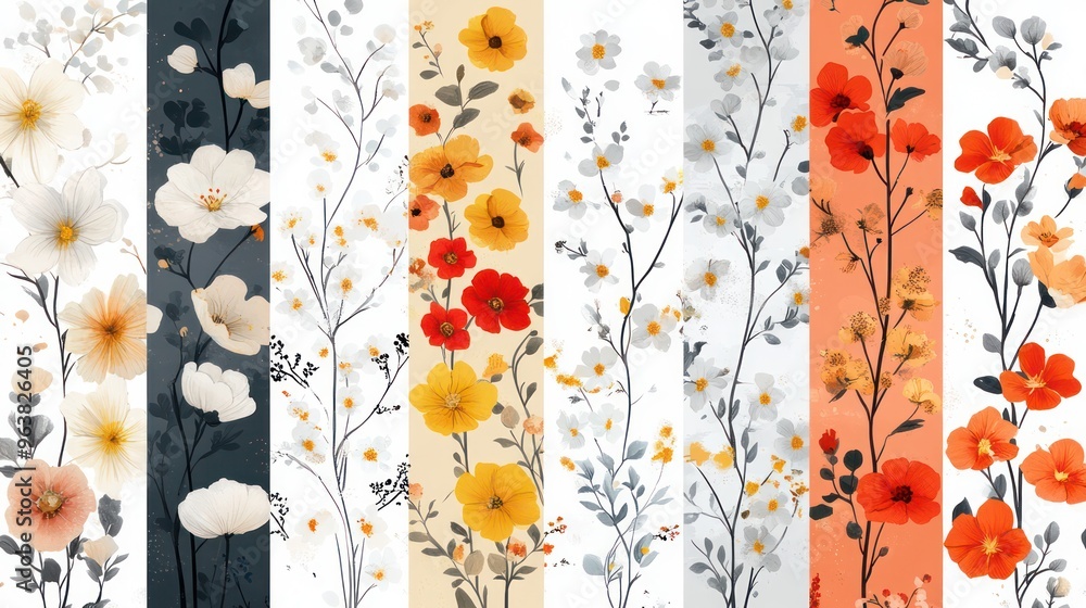 Aufkleber A series of flowery images with different colors and styles. The images are arranged in a row, with some being more vibrant and others more subdued. The overall mood of the images is cheerful