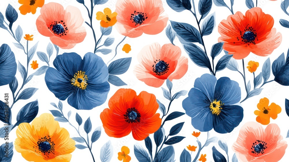 Aufkleber a colorful floral pattern with blue, red, and yellow flowers. the flowers are arranged in a way that