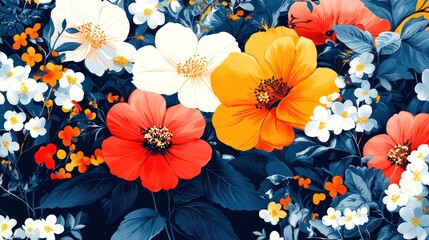 A colorful bouquet of flowers with a blue background. The flowers are red, white, and yellow